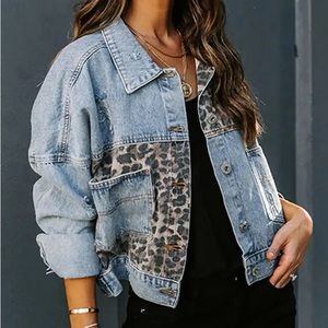 Blue Denim Jean Jacket Leopard Trim! So Cute new